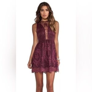 For Love And Lemons Lulu Lace Mesh Skater Dress EUC (Burgundy)